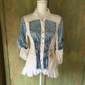 Elisa Cavaletti White & Denim Blouse Size M